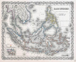 Large old map of East Indies with relief - 1855.