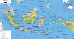 Large physical map of Indonesia with roads, cities and airports.