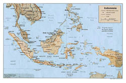 Large political map of Indonesia with relief, roads and major cities - 1987.