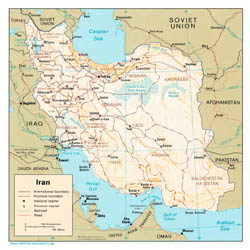 Detailed political and administrative map of Iran with relief, roads and major cities - 1986.