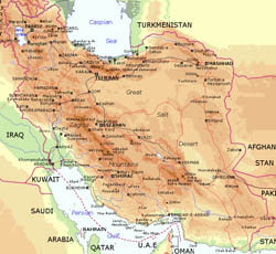 Elevation map of Iran with cities.