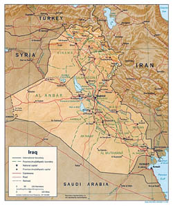 Detailed political and administrative map of Iraq with relief, roads and cities - 1996.