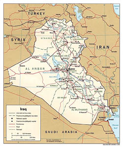 Detailed political and administrative map of Iraq with roads and cities - 1996.