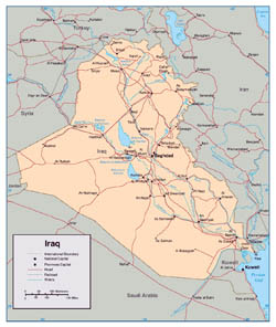 Detailed political map of Iraq with roads and major cities.