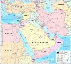 Large detailed Middle East graphic map with all air force bases - 2003.