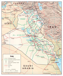 Large detailed political and administrative map of Iraq with relief, roads and cities - 2008.