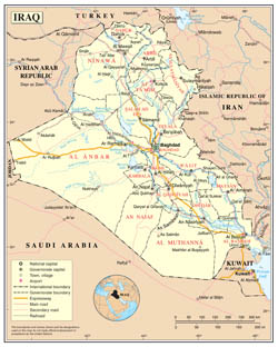 Large detailed political and administrative map of Iraq with roads, cities and airports.