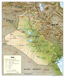 Large political and administrative map of Iraq with relief - 1999.