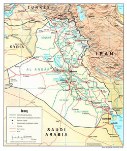 Large political and administrative map of Iraq with relief, roads and cities - 2004.