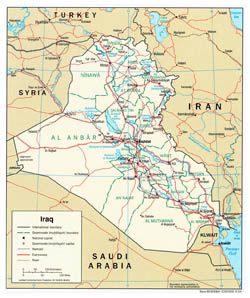 Large political and administrative map of Iraq with roads and cities - 2004.