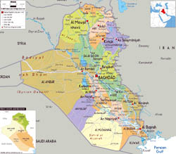 Large political and administrative map of Iraq with roads, cities and airports.