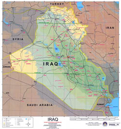 Large political and elevation map of Iraq with roads, cities and airports.