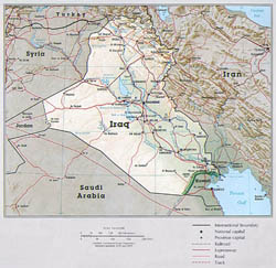 Large political map of Iraq with relief, roads and major cities.