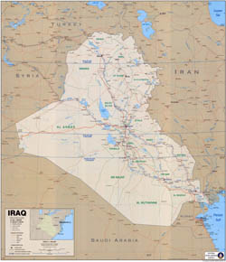 Large scale political map of Iraq with roads, expressroads, cities and other marks 2003.