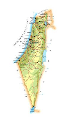 Detailed elevation map of Israel with roads, cities and airports.