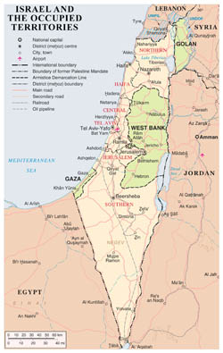 Large detailed political and administrative map of Israel and the occupied territories with roads, cities and airports.
