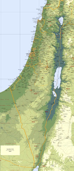 Large elevation map of Israel with roads and cities.