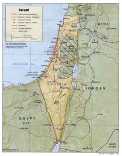 Large political and administrative map of Israel with relief, roads and cities - 1988.