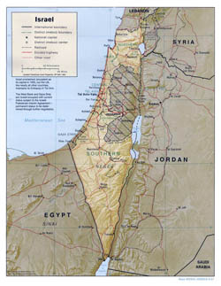Large political and administrative map of Israel with relief, roads and major cities - 2001.