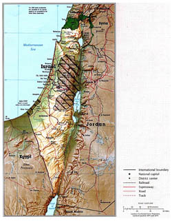 Large political map of Israel with relief, roads and major cities.