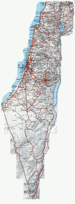 Large road map of Israel with relief and cities.