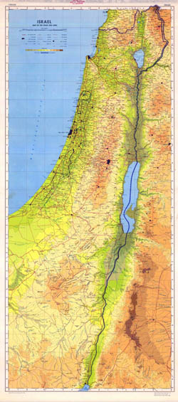 Large scale detailed physical map of Israel with all roads, cities and other marks.