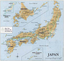 Detailed relief map of Japan with major roads and cities.