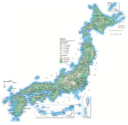 Large detailed elevation map of Japan with roads, cities and airports.