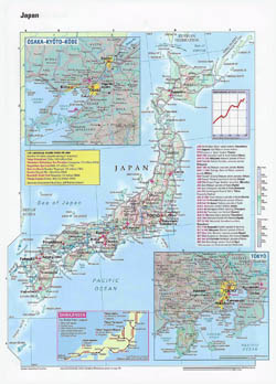 Large detailed map of Japan with relief, roads, cities and airports.