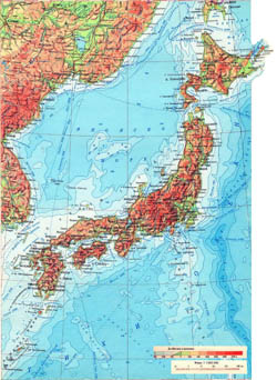 Large detailed physical map of Japan in russian.