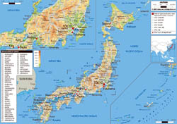 Large physical map of Japan with roads, cities and airports.