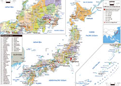 Large political and administrative map of Japan with roads, cities and airports.