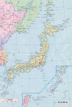 Large scale road map of Japan with cities in japanese.