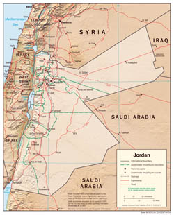 Large detailed political and administrative map of Jordan with relief, roads and cities - 2004.