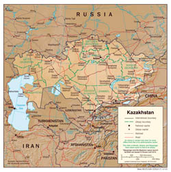 Large detailed political and administrative map of Kazakhstan with relief, roads and cities - 2001.
