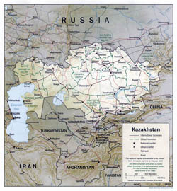 Large political and administrative map of Kazakhstan with relief - 1994.
