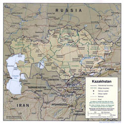 Large political and administrative map of Kazakhstan with relief, roads and cities - 2001.