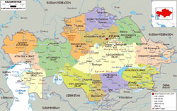 Large political and administrative map of Kazakhstan with roads, cities and airports.