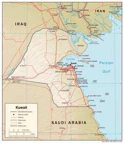 Large detailed political map of Kuwait with relief, roads and cities - 2006.