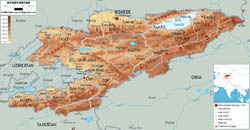 Large physical map of Kyrgyzstan with roads, cities and airports.