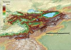 Large topographical map of Kyrgyzstan.