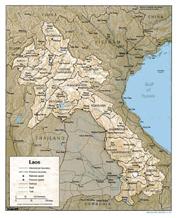 Detailed political and administrative map of Laos with relief, roads and cities - 1993.