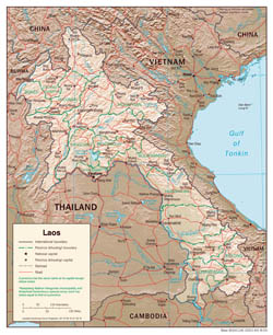 Large detailed political and administrative map of Laos with relief, roads and cities - 2003.