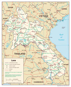 Large detailed political and administrative map of Laos with roads and cities - 2003.