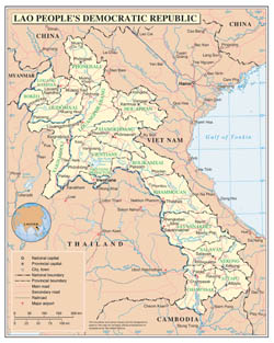 Large detailed political and administrative map of Laos with roads, major cities and airports.