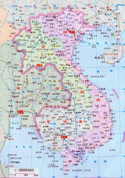 Large map of Vietnam, Laos and Cambodia in Chinese.