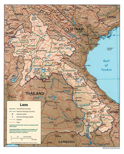 Large political and administrative map of Laos with relief - 2003.