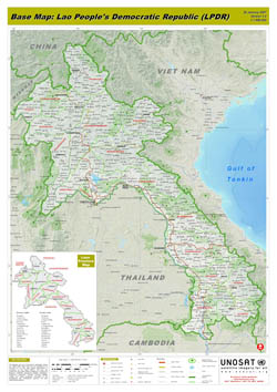 Large scale detailed base map of Laos with relief, roads and all cities.