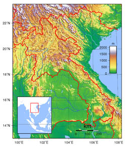 Large topographical map of Laos.