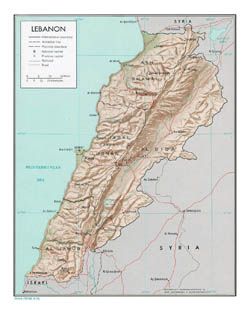 Detailed political and administrative map of Lebanon with relief - 1971.